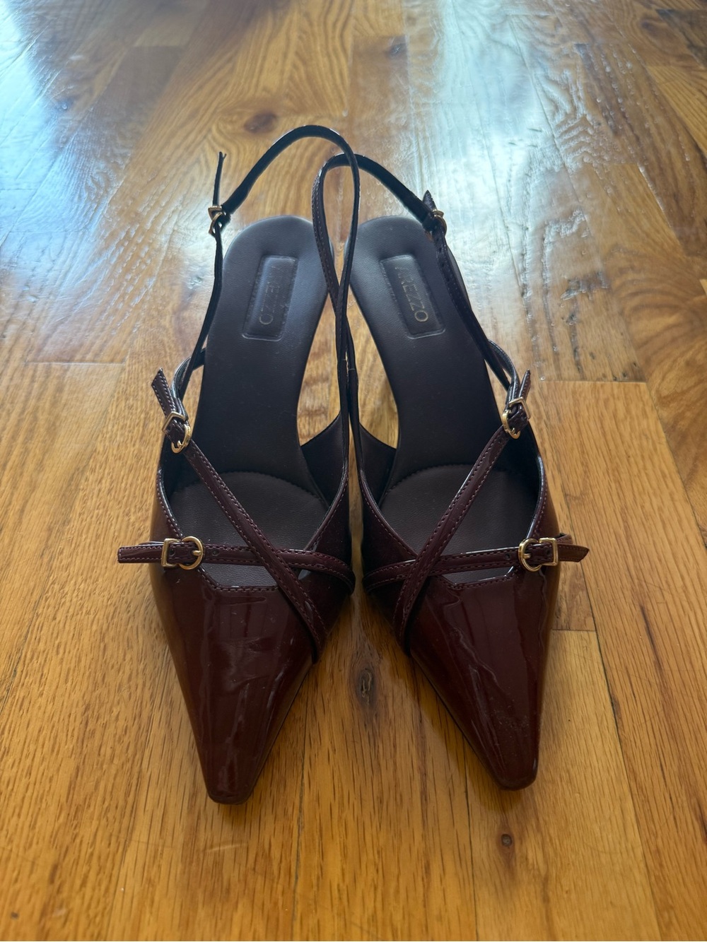Arezzo Pointed Slingback Heels in Deep Burgundy Patent